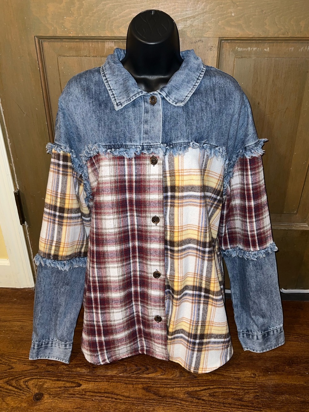Denim Patchwork Colorblock Plaid Boho Distressed Shacket Burgundy Yellow Size M
